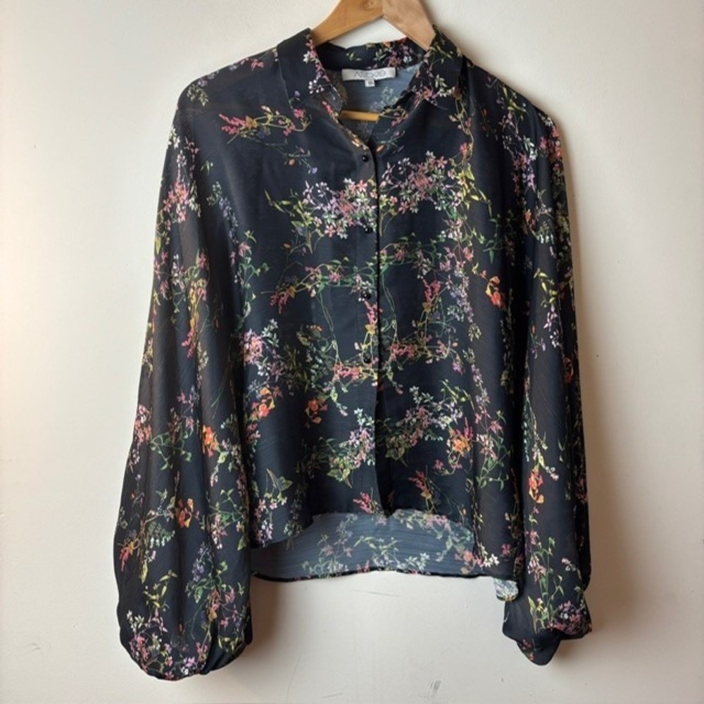 Womens S Alexis Button-Up Shirt Black Floral Dolman Sleeve Collared Peasant